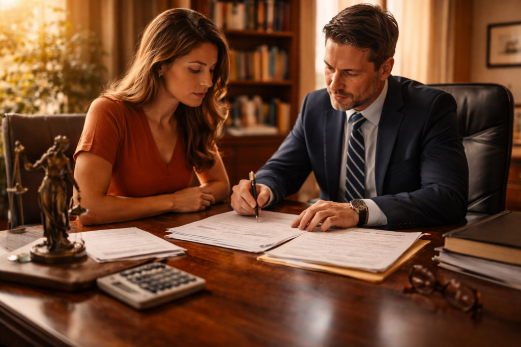 An attorney and a client are seated at a desk in an office, reviewing legal documents related to an uncontested divorce. The atmosphere is professional as they discuss court fees and child custody arrangements, highlighting the complexities of the divorce process in Texas.