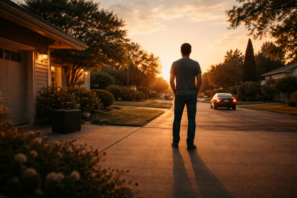 A man stands alone in a suburban driveway at sunset, watching a car drive away, symbolizing the emotional uncertainty of divorce.