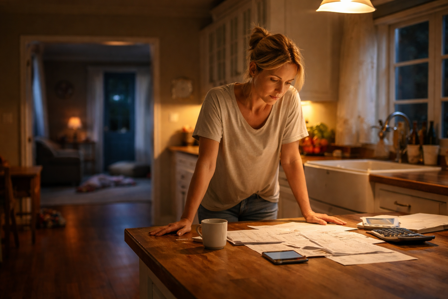 Stay-at-home mother standing alone in a quiet kitchen at night reviewing household bills during divorce