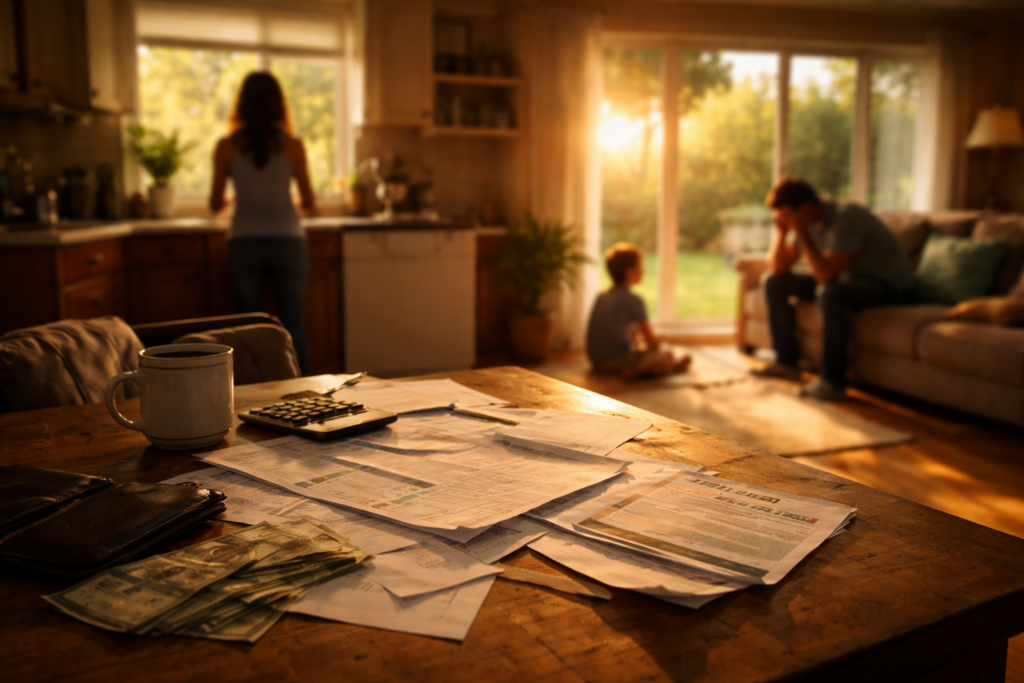 Family facing financial stress at home during divorce, with unpaid bills on a table as sunlight fills the room, illustrating temporary spousal support concerns in Texas.