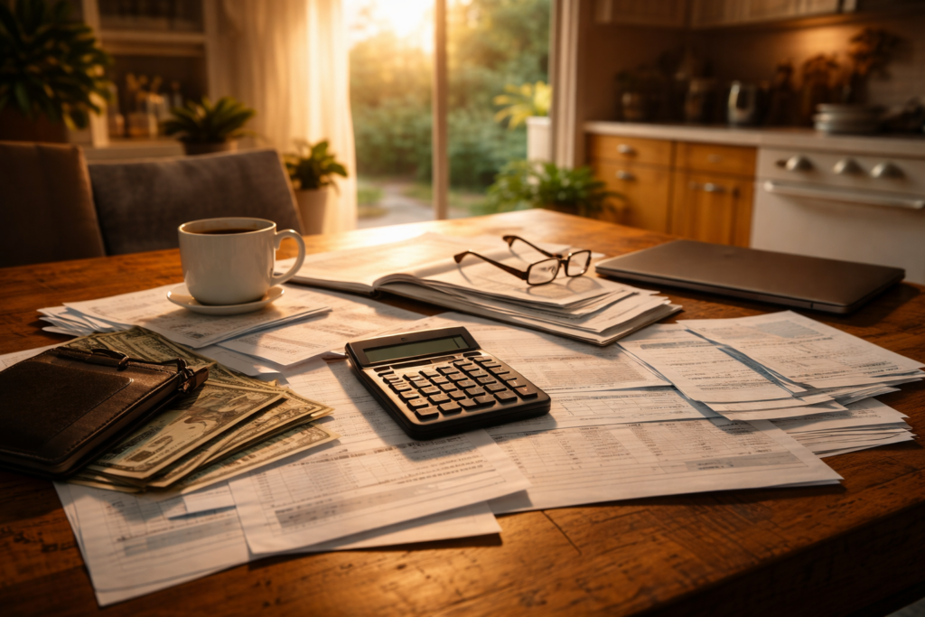 The image depicts a kitchen table cluttered with various financial documents and a calculator, symbolizing household budget planning. This scene may represent the financial considerations involved in temporary spousal support during divorce, highlighting the importance of managing financial resources for both the requesting spouse and the paying spouse.