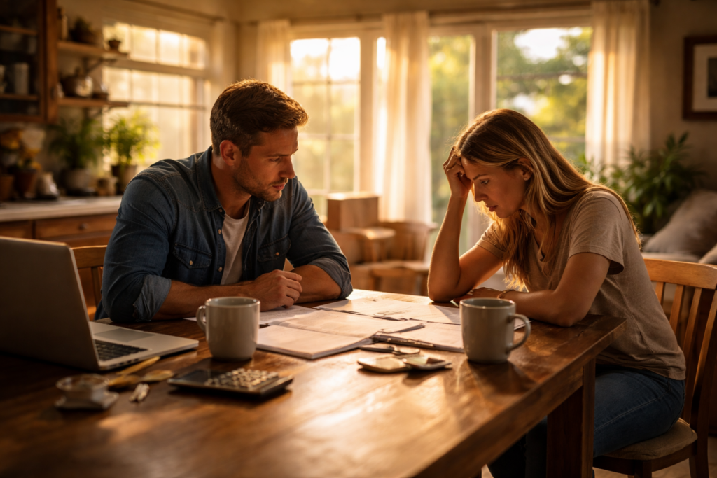 A Texas couple reviewing financial documents at their kitchen table while discussing divorce asset division and future stability