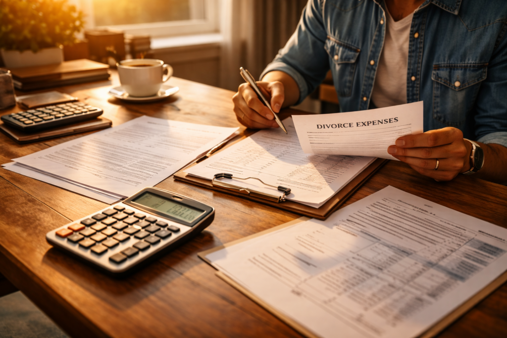 The image shows a person sitting at a table, carefully reviewing organized financial documents, likely related to the divorce process. This scene may reflect the financial implications of divorce in Texas, including potential court costs and legal fees, as they assess their overall divorce expenses.
