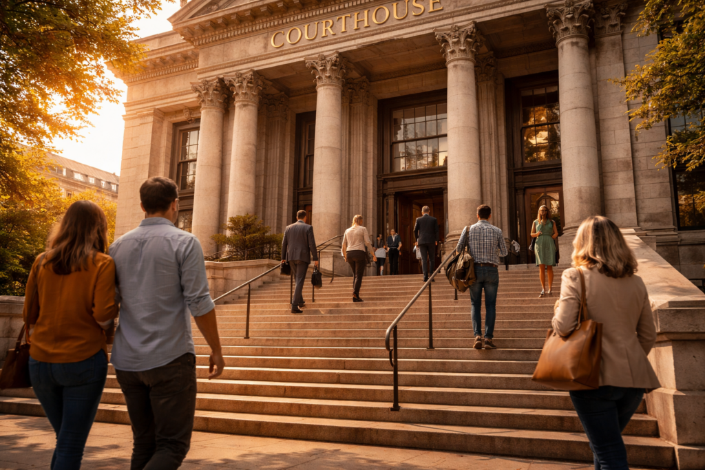 The image depicts the exterior of a courthouse with several people walking up the steps, suggesting a busy legal environment where individuals may be seeking information about court fees, attorney fees, or filing for divorce in Texas. The imposing structure represents the formal process of litigation, with parties potentially involved in matters like child custody or asset division.