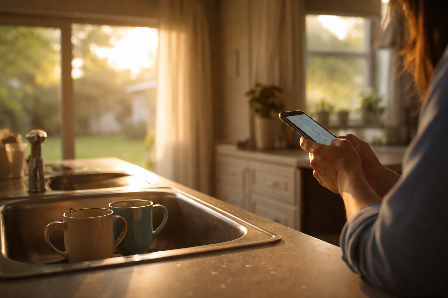 A quiet Texas kitchen at sunrise with two coffee mugs in the sink as a parent looks at a phone, reflecting on next steps during a divorce.