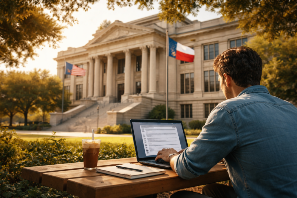 Person working on a laptop outdoors near a Texas courthouse, completing online divorce paperwork in warm summer light, symbolizing electronic divorce filing in Texas.