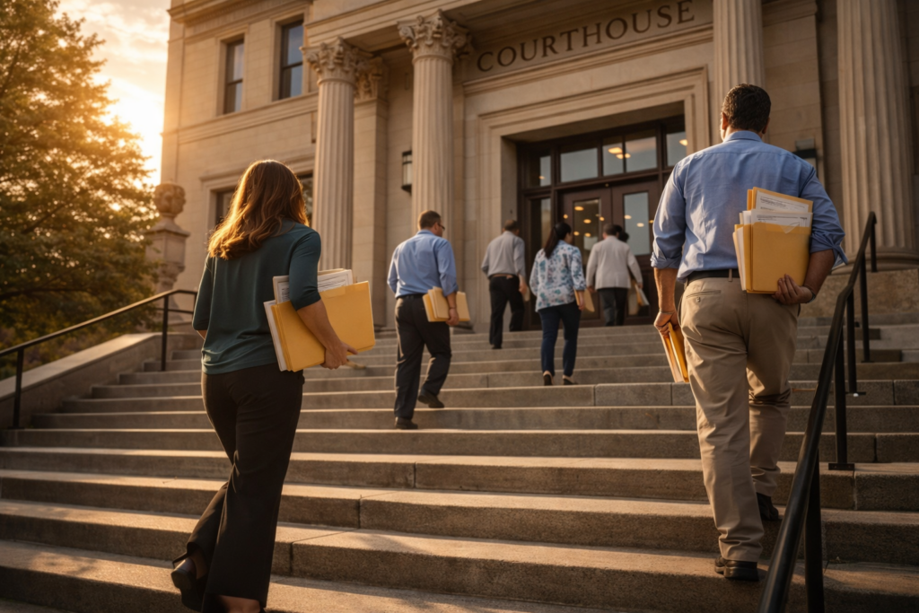 The image shows the entrance of a courthouse, where several people are walking up the steps, each carrying folders and documents, likely related to family law cases such as divorce papers or court forms. The scene reflects the serious nature of legal proceedings, emphasizing the importance of proper legal representation and the various court costs involved in cases that may involve children or property disputes.