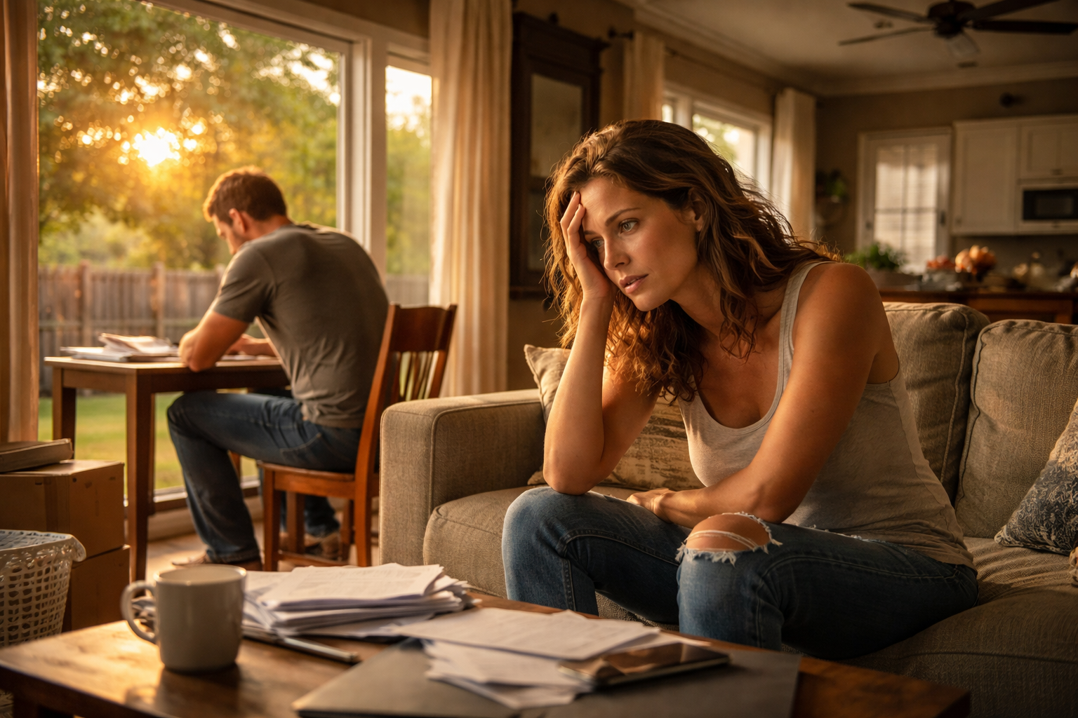 A Texas couple sitting apart in their home, quietly stressed as they sort through paperwork and bills during a difficult marital transition.