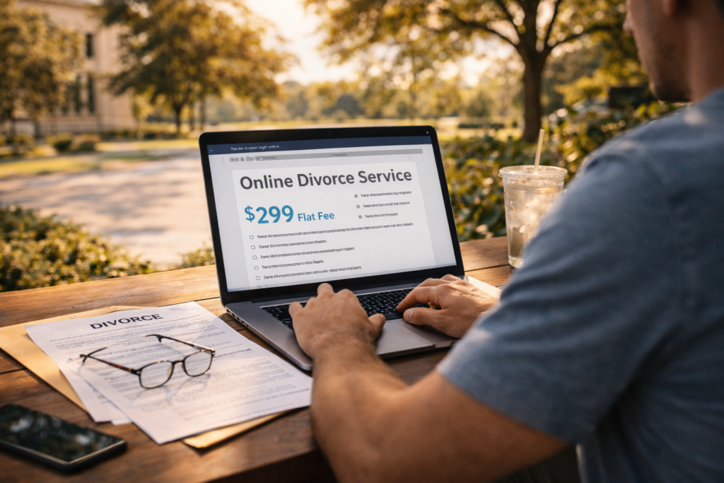 Person reviewing online divorce service options on a laptop outdoors on a summer day, with paperwork on a table, illustrating the pros and cons of online divorce services in Texas.