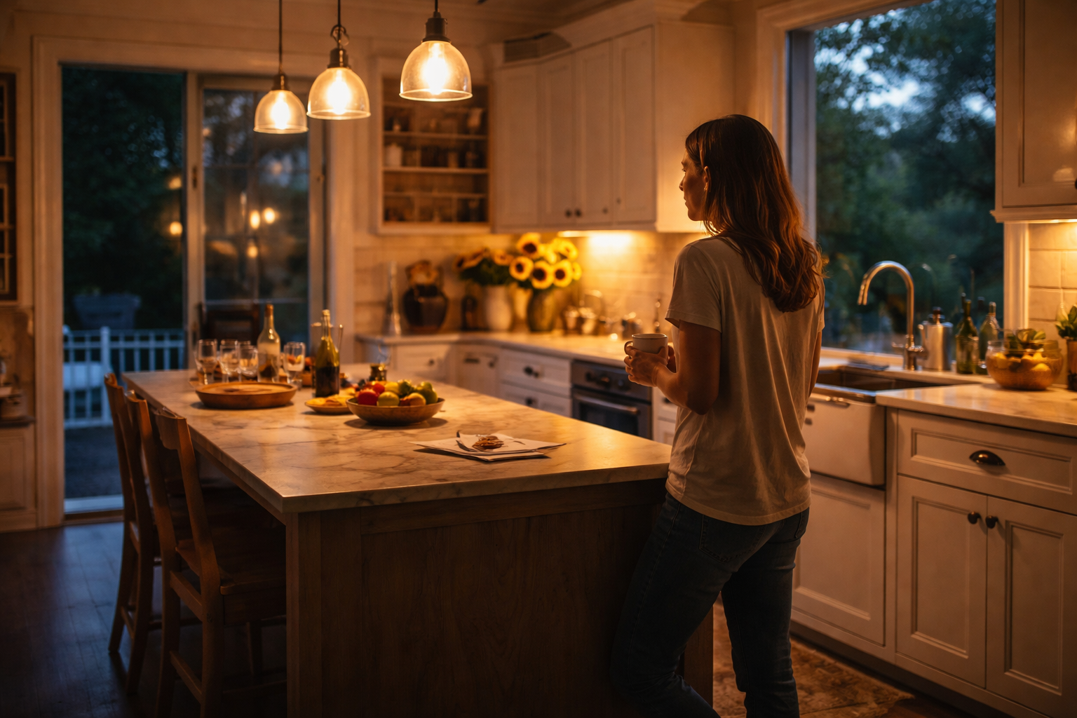 Mother standing in kitchen at night reflecting during Texas uncontested divorce process