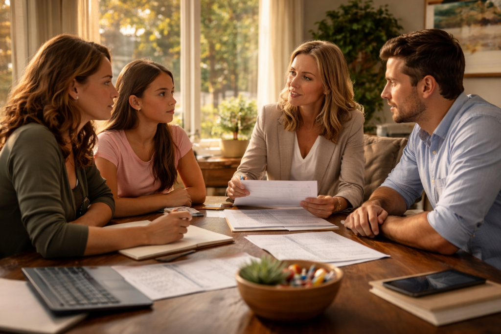 The image shows a family gathered around a mediation table with a neutral facilitator, discussing their family law case, which may involve child support and other divorce-related matters. The atmosphere is collaborative, reflecting their efforts to reach an agreed divorce while considering the needs of their minor children.