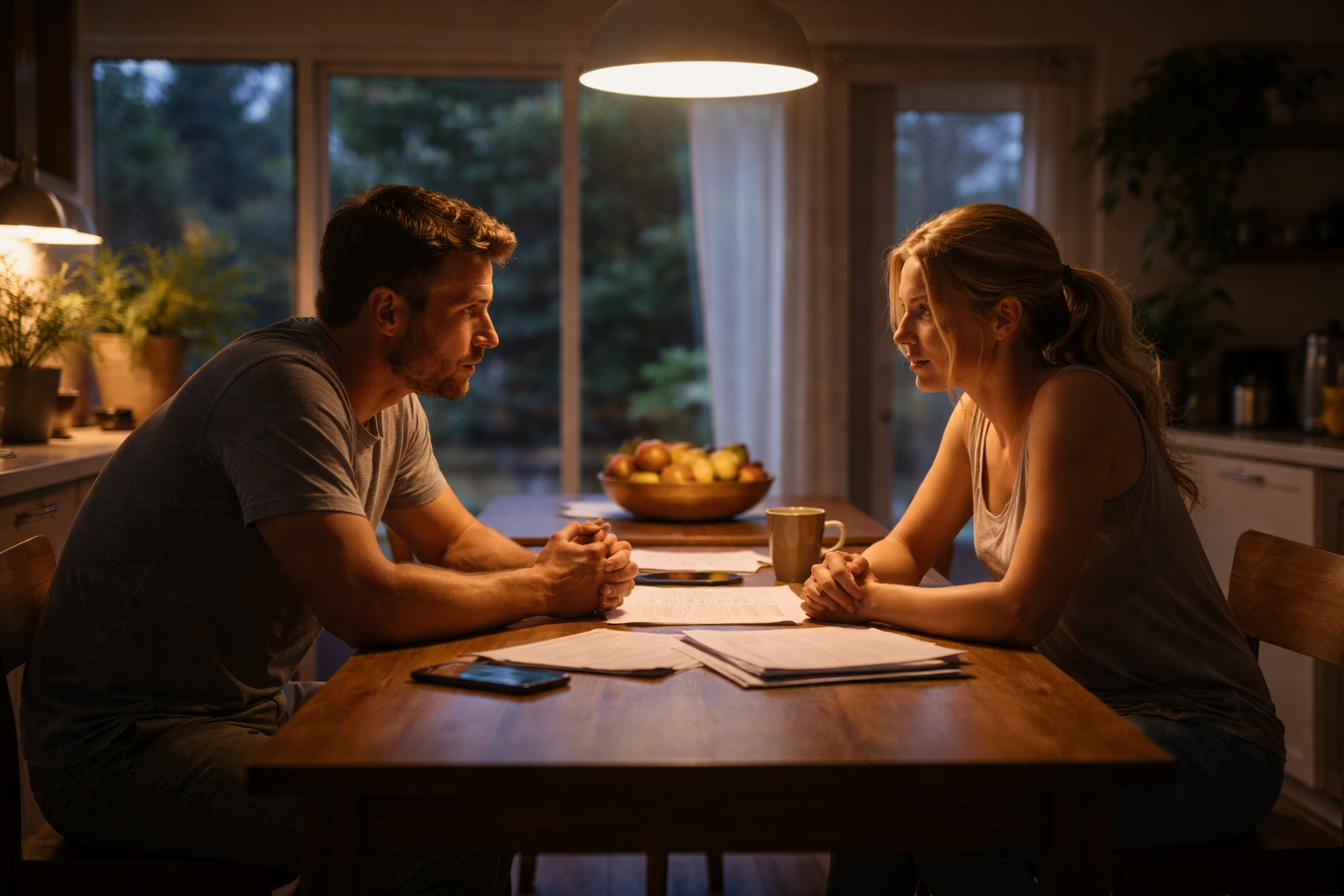 Married couple sitting at kitchen table at night discussing divorce papers in a calm, serious conversation about uncontested divorce in Texas.