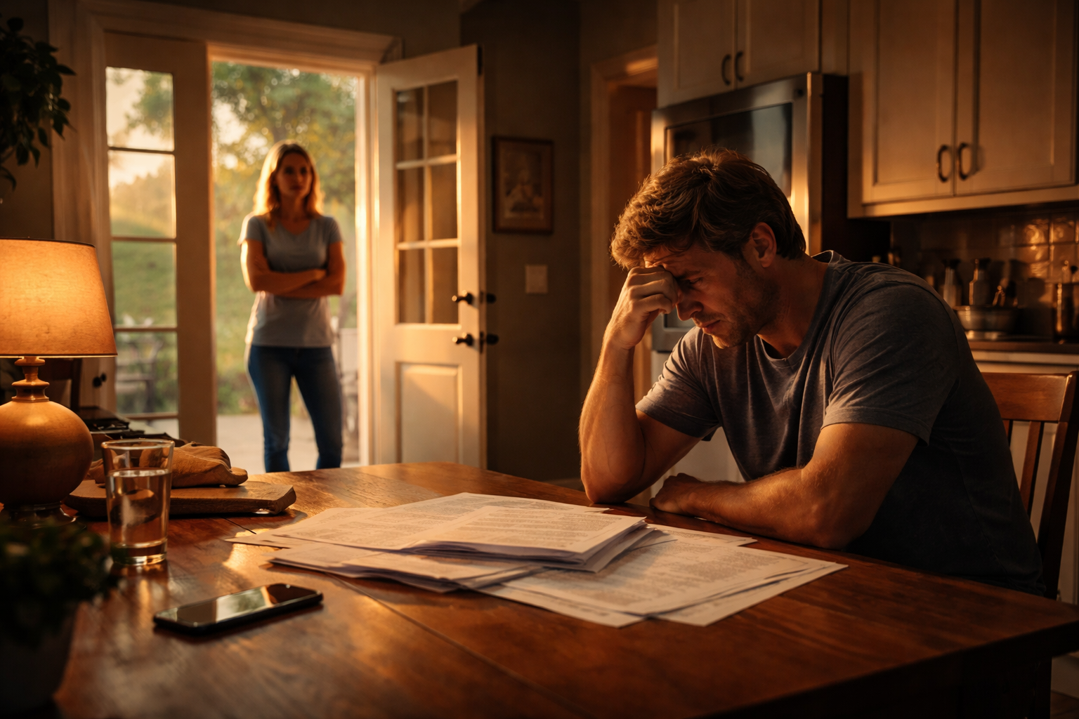 Parent reviewing divorce paperwork at kitchen table during Texas Divorce Waiting Periods while spouse stands in doorway at sunset