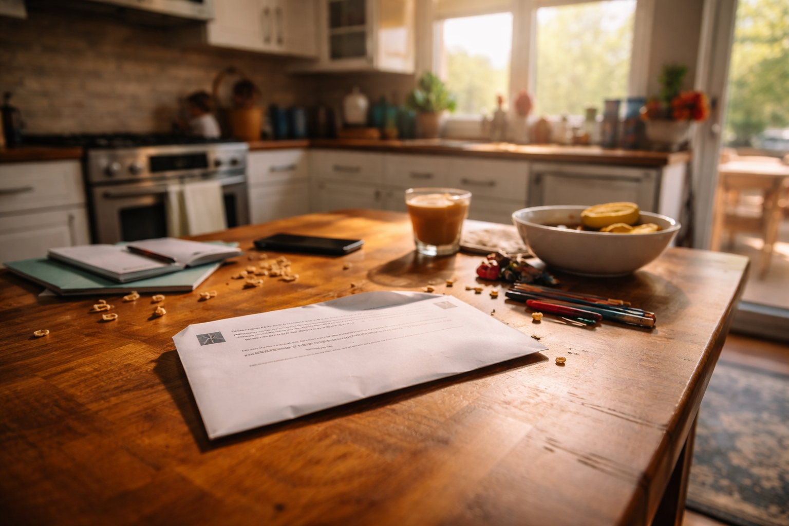 A sunlit Texas kitchen table with an unopened court envelope, coffee, and everyday items, symbolizing family law mediation during divorce.