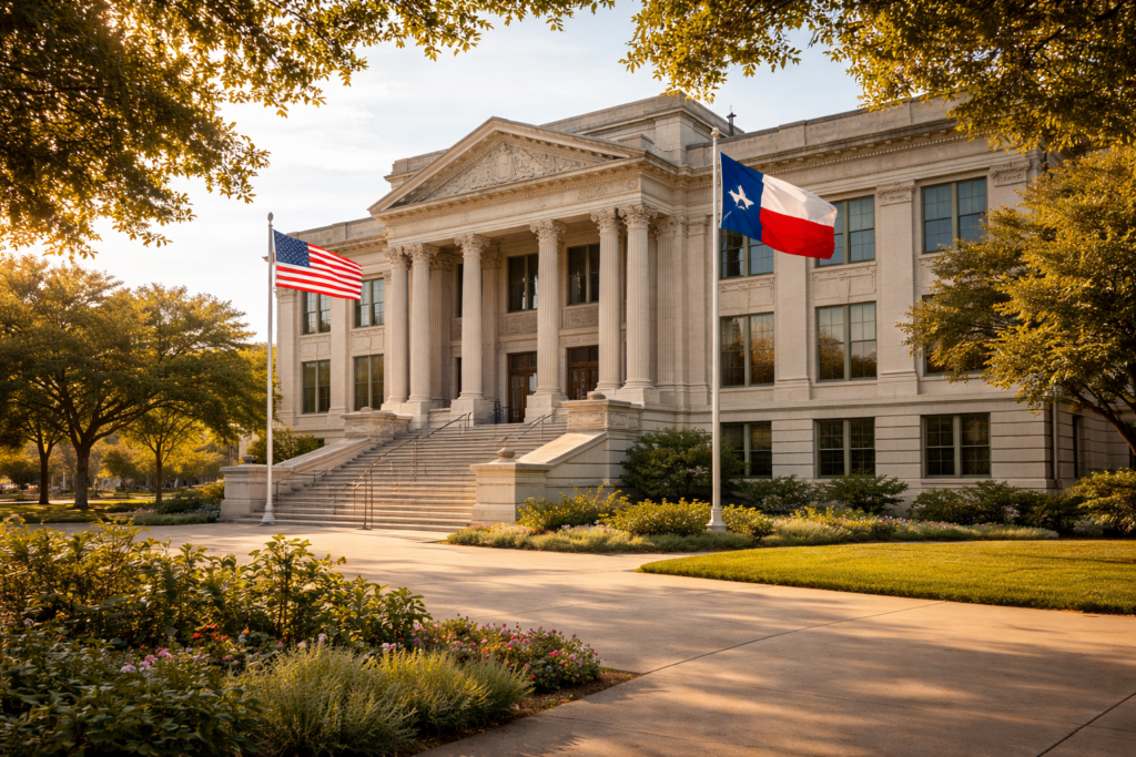 The image depicts the exterior of a Texas courthouse, prominently displaying both the American and Texas flags. This setting is where various legal matters, including uncontested divorce and family law cases, are addressed under Texas law.