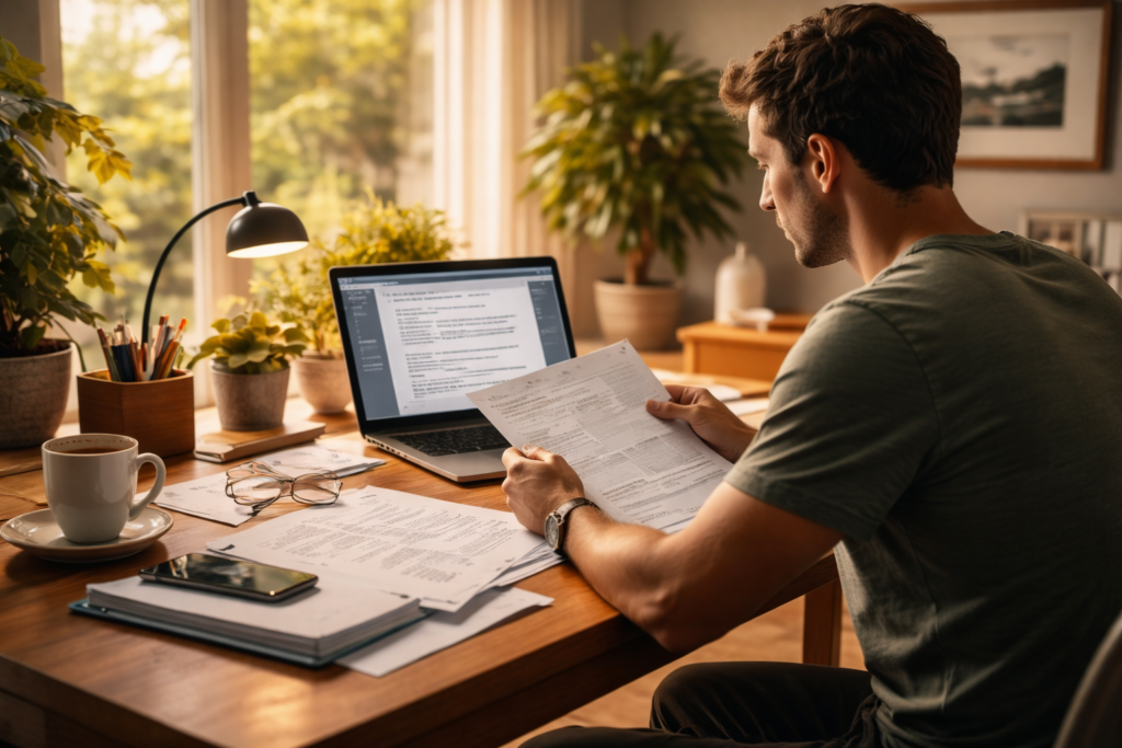 A person is seated at a home office desk, focused on reviewing various documents related to a divorce process, with a laptop open displaying divorce forms and legal notices. The setting suggests a thorough examination of paperwork, possibly involving child custody arrangements or uncontested divorce details under Texas law.