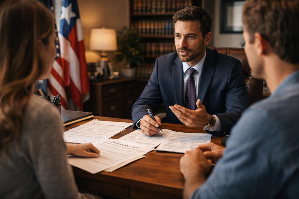 The image shows a family law attorney seated at a desk in a professional office, discussing important matters with a client regarding their divorce process. Documents such as divorce papers and child custody arrangements are visible on the table, indicating a focus on legal issues like uncontested divorce and child support under Texas law.